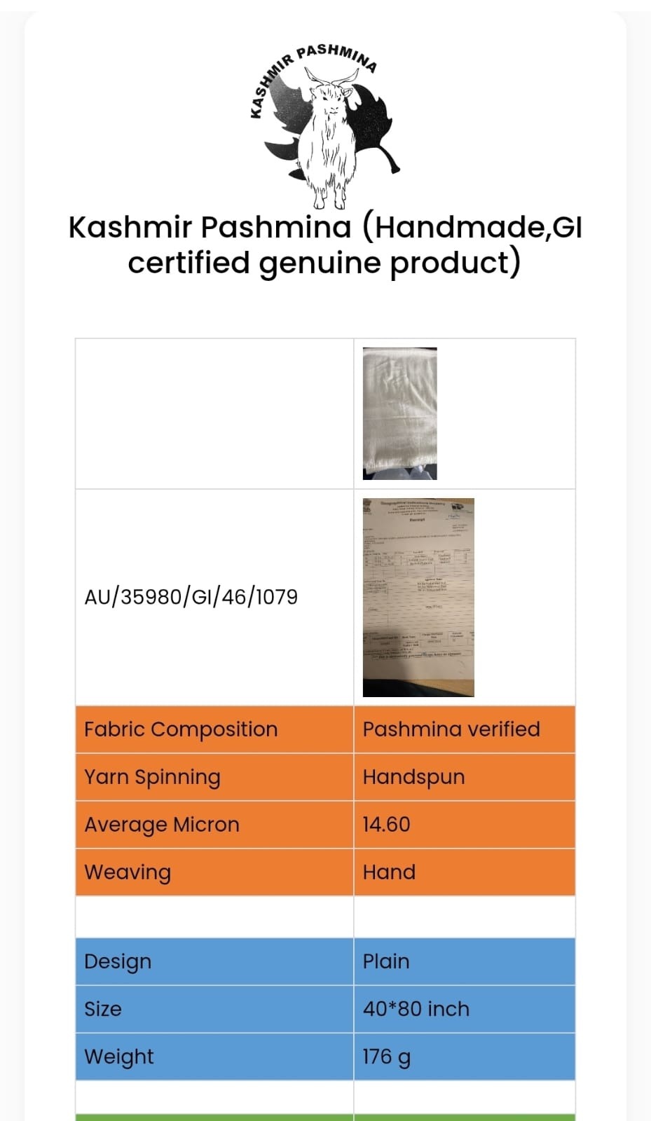 Kashmir Pashmina GI identification tag and product evidence